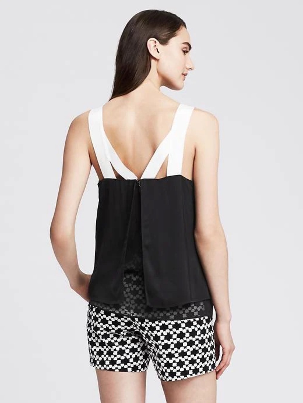 Banana Republic Grosgrain Strap Split Back Flowy Tank Top Black White Size S